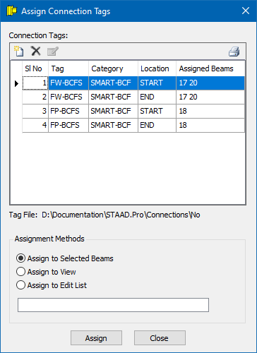 EX. Assign connection tags to beam ends
